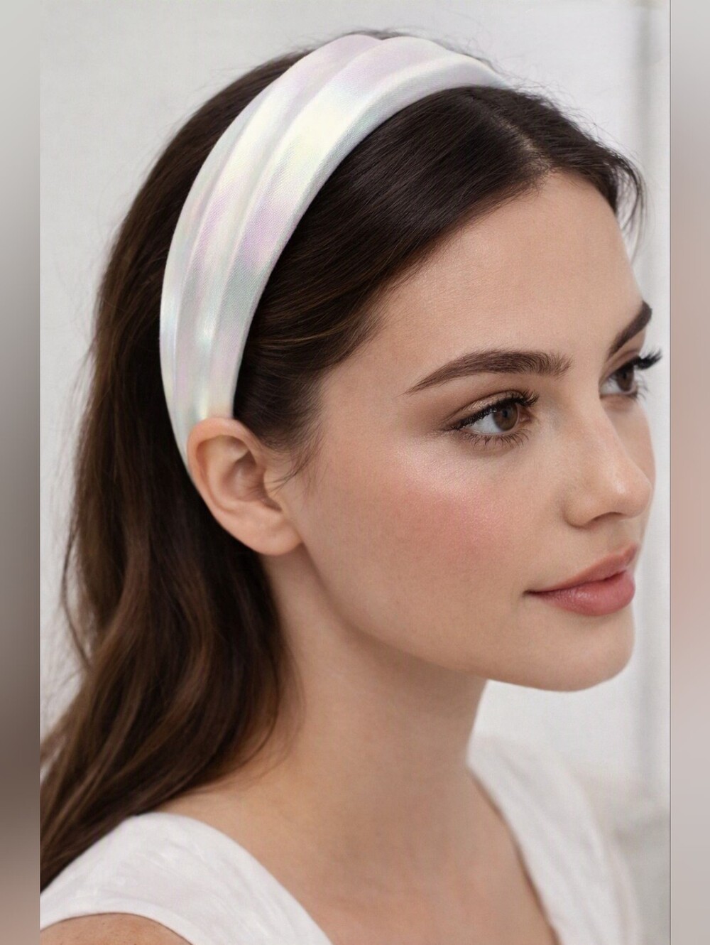 Chic Holographic Glosdy Headband in Iridescent White Opal